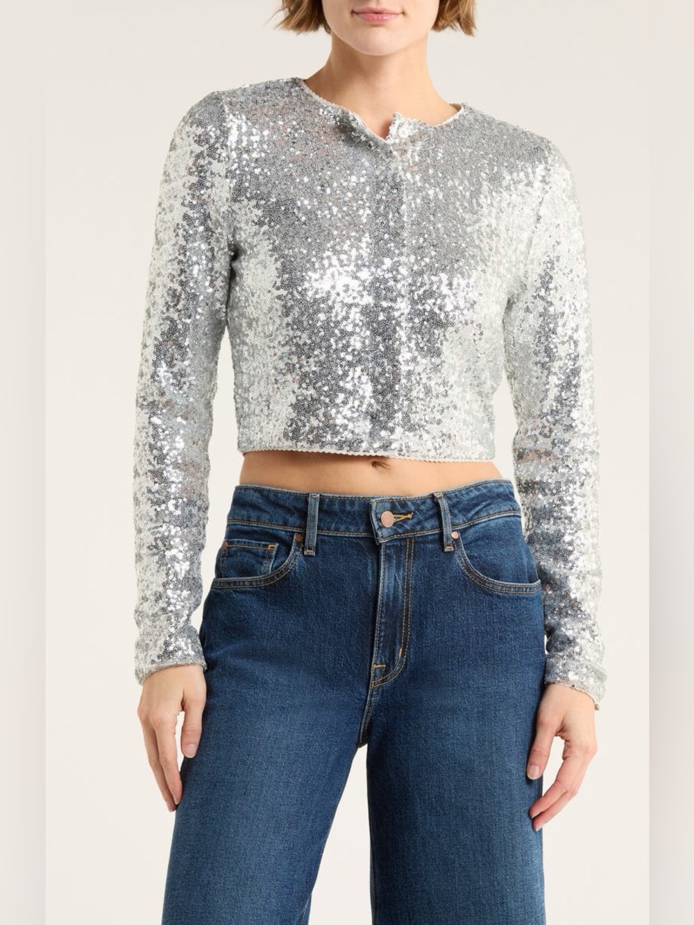Good American Silver Cluster Sequin Cropped Cardigan
